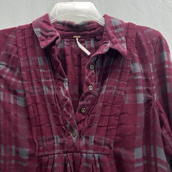 Free People Baby Blues Plaid Tunic Top Small Flannel Burgundy Pockets - Picture 4 of 16
